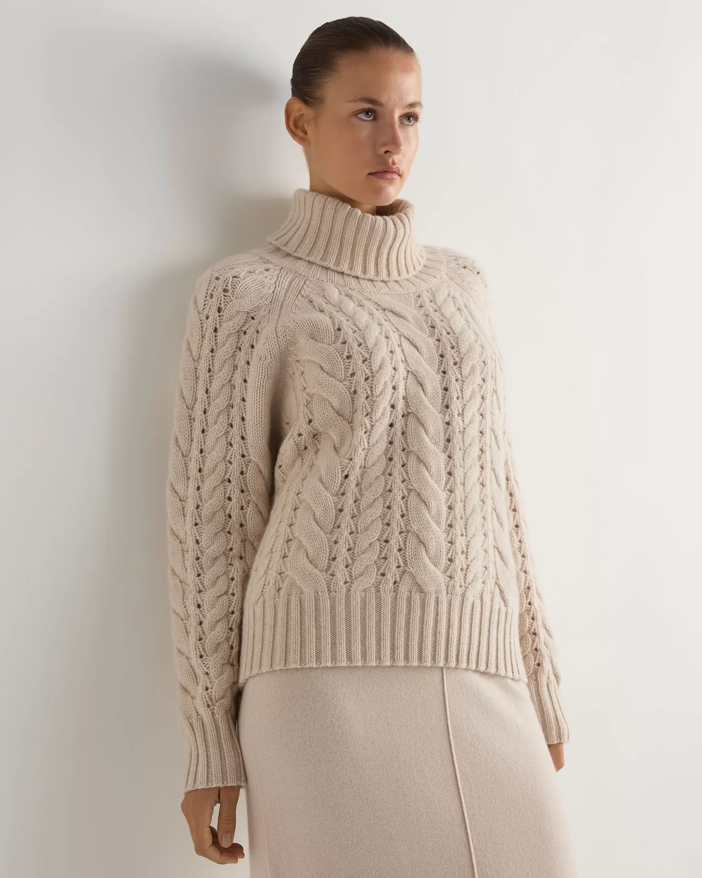 N.Peal Women's Open Cable Turtle Neck Cashmere Sweater*Women White | Textured Knits