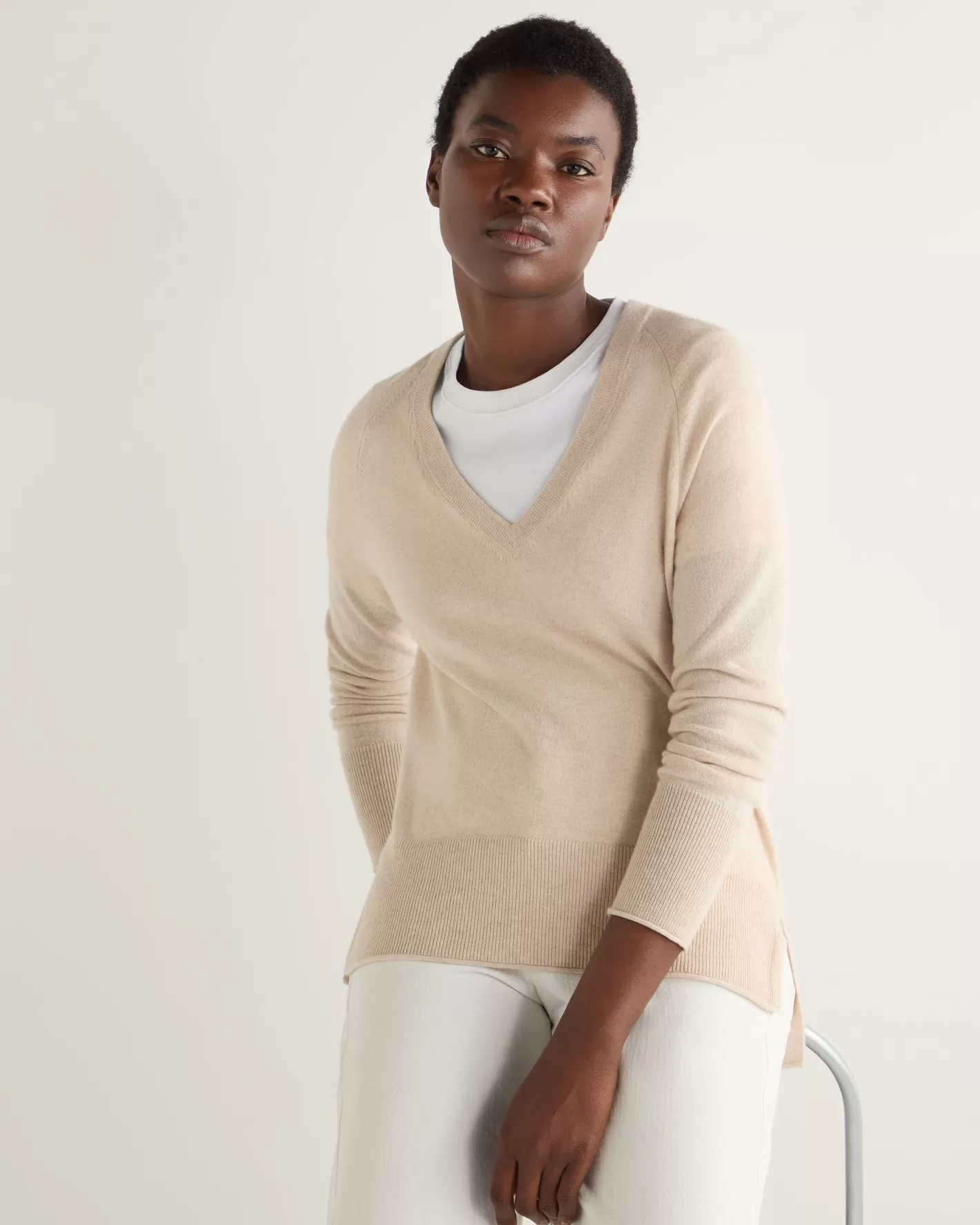 N.Peal Women's Relaxed V Neck Cashmere Sweater*Women White | Natural