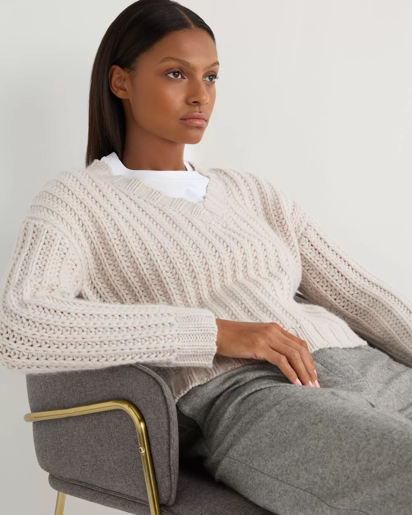 N.Peal Women's Statement Rib V Neck Cashmere Sweater*Women White | Natural