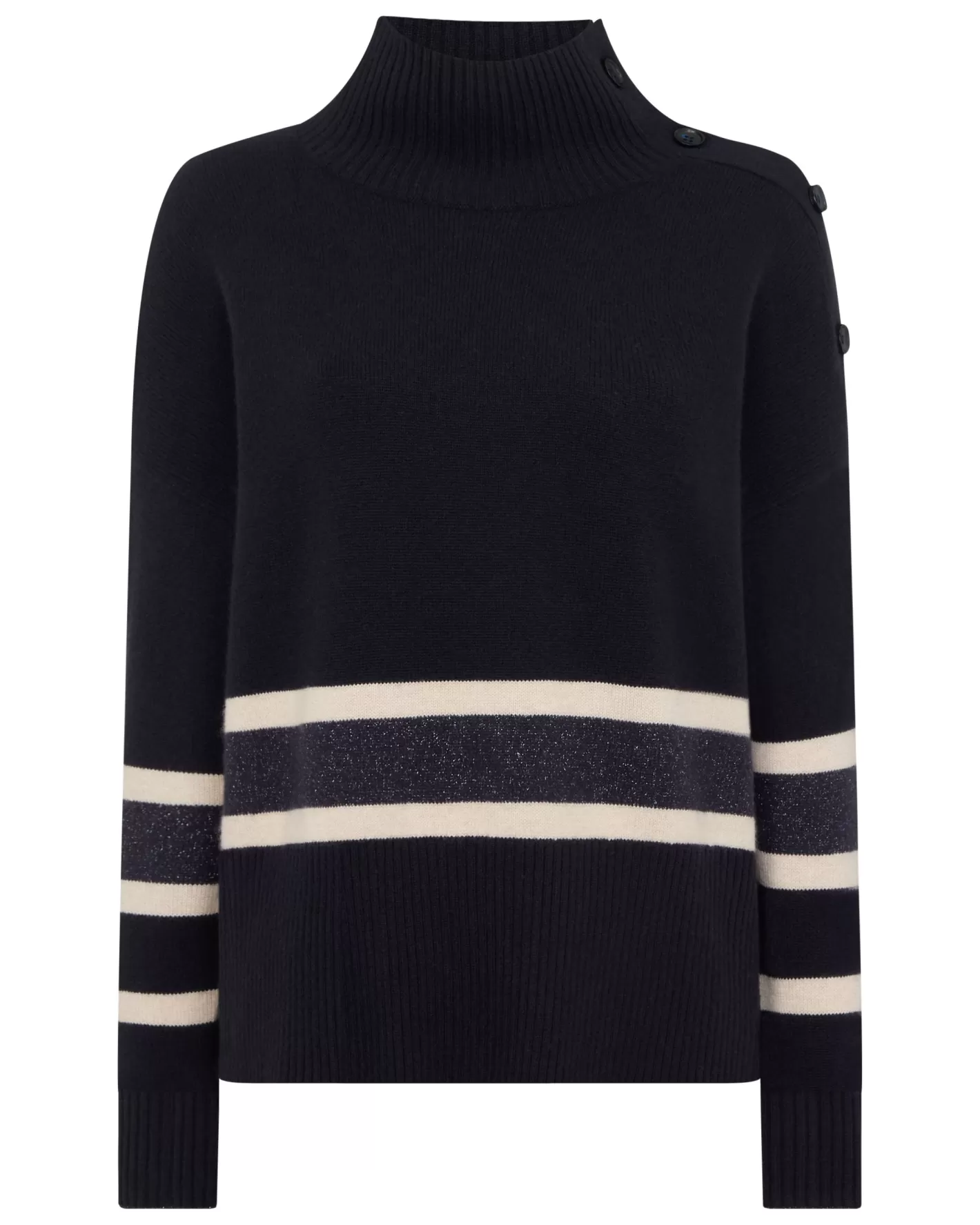 N.Peal Women's Stripe Mock Neck Cashmere Sweater With Lurex*Women Navy | Blue